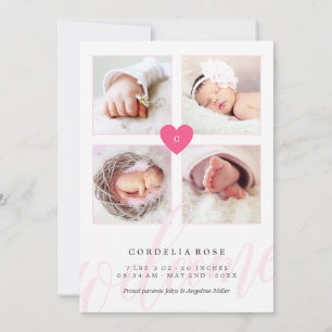 Pink Monogram Photo Collage Baby Announcement