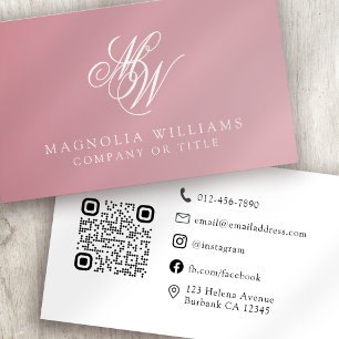Pink Monogram QR Code Minimalist Business Card