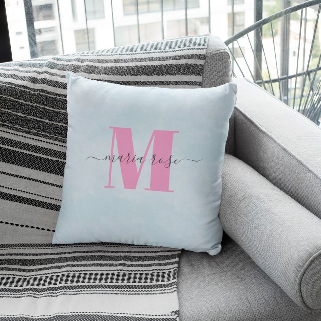 Pink Monogram Simple Personalised  Cushion (Pink and blue monogram and calligraphy script name personalized throw pillow)