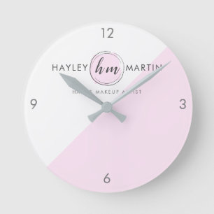Pink Monogram Style Custom Logo Business Round Clock