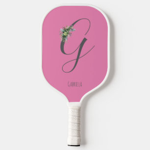 Pink monogram watercolor flower grey name pickleball paddle