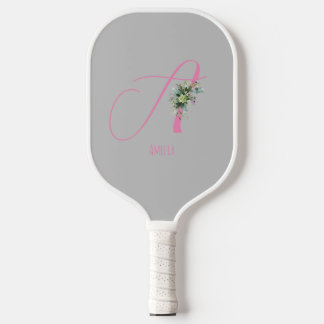 Pink monogram watercolor flower grey pickleball paddle