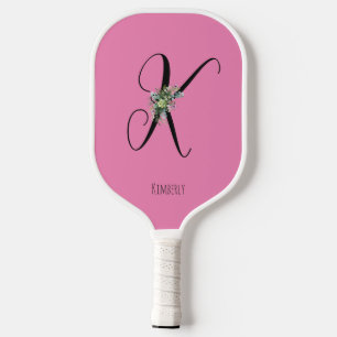 Pink monogram watercolor flower pickleball paddle