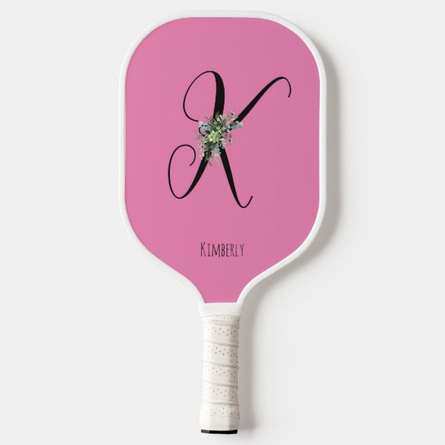 Pink monogram watercolor flower pickleball paddle (Back)