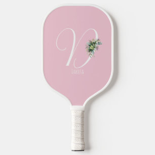 Pink monogram watercolor flower pickleball paddle