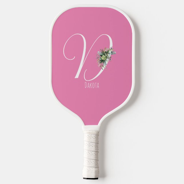 Pink monogram watercolor flower pickleball paddle (Back)