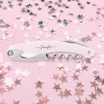 Pink Monogrammed Beer Wine Corkscrew Bottle Opener<br><div class="desc">Create your own custom, personalised, classy modern elegant black calligraphy typography script font monogrammed on light pink background, chic stylish cool contoured ergonomic handle bottle opener featuring a stainless steel foil cutter blade, a beer bottle cap opener, and a steel spiral corkscrew wine bottle opener. Simply type in your name...</div>