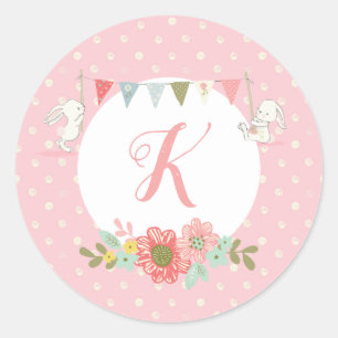Pink Monogrammed Bunny Classic Round Sticker