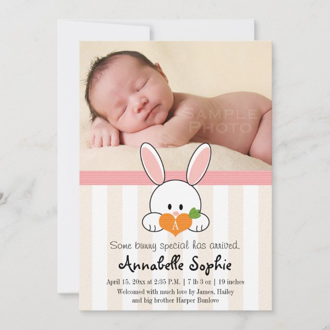 PINK MONOGRAMMED BUNNY RABBIT BIRTH ANNOUNCEMENT (Front)