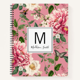 Pink Monogrammed Country Garden Floral Pattern Notebook