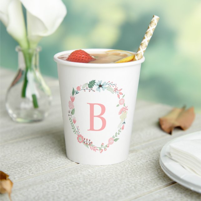 Pink Monogrammed Floral Wreath Paper Cups (Insitu)