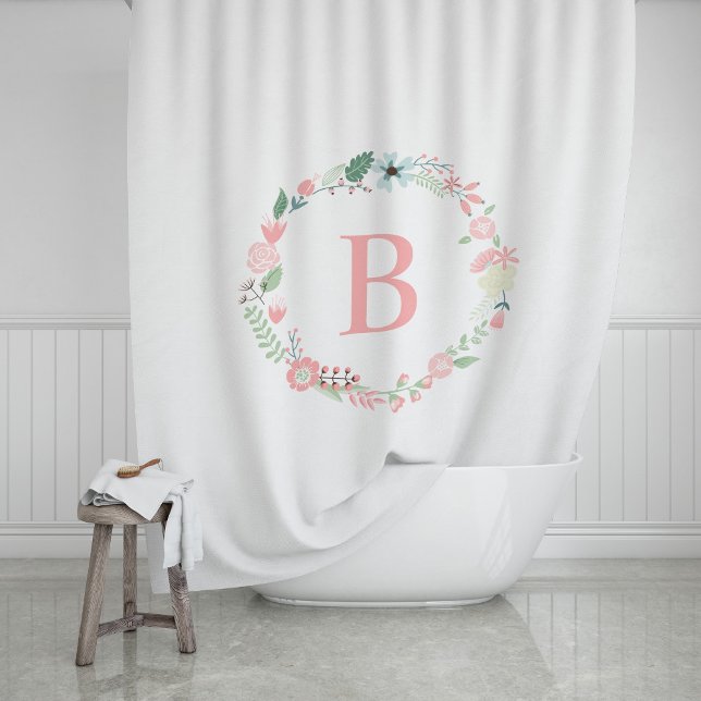 Pink Monogrammed Floral Wreath Shower Curtain (Creator Uploaded)
