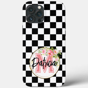 pink Monogrammed Flower black and white Chequered iPhone 13 Pro Max Case