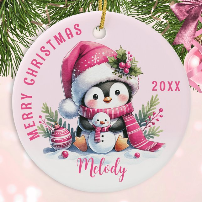 Pink Monogrammed Merry Christmas Cute Penguin Ceramic Tree Decoration (Creator Uploaded)