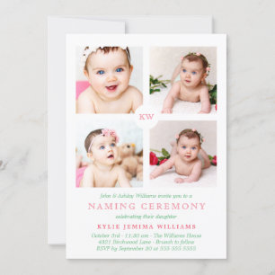 Pink Monogrammed Photo Collage Naming Ceremony Holiday Card