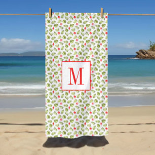 Pink Monogrammed Tropical Palm Leaves Pattern Beach Towel
