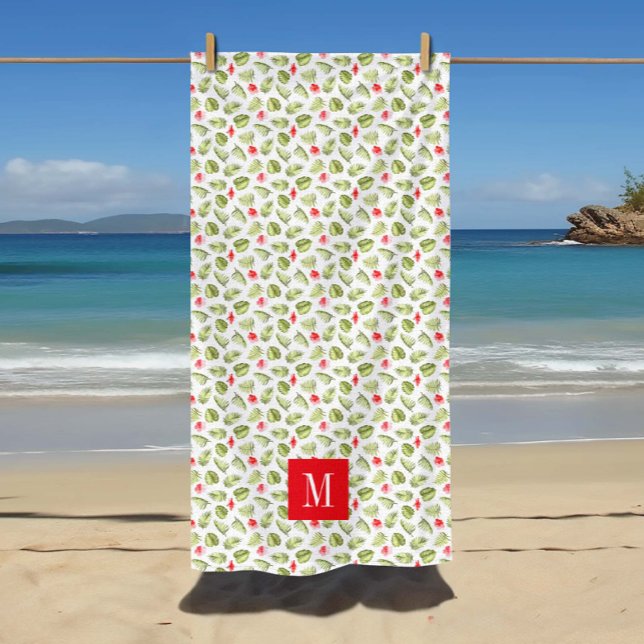 Pink Monogrammed Tropical Palm Leaves Pattern Beach Towel (Pink Monogrammed Tropical Palm Leaves Pattern Beach Towel)
