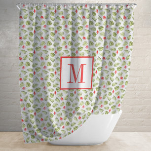 Pink Monogrammed Tropical Palm Leaves Pattern Shower Curtain