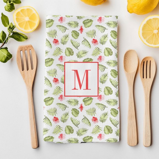 Pink Monogrammed Tropical Palm Leaves Pattern Tea Towel (Pink Monogrammed Tropical Palm Leaves Pattern Kitchen Towel)
