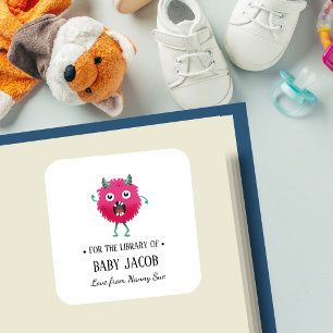 Pink Monster Baby Toddler Personalised Bookplate Square Sticker