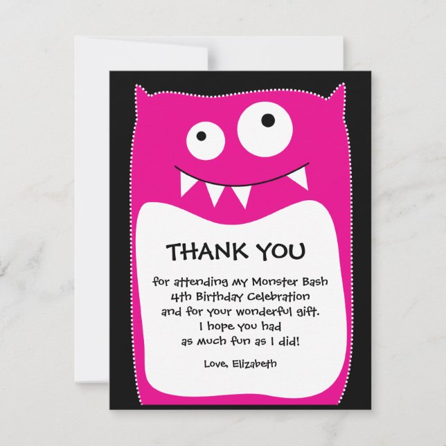Pink Monster Bash Thank You Card (Flat) (Front)