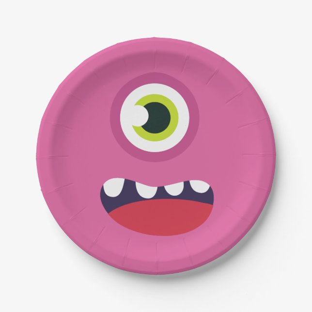 Pink Monster Face Paper Plate (Front)