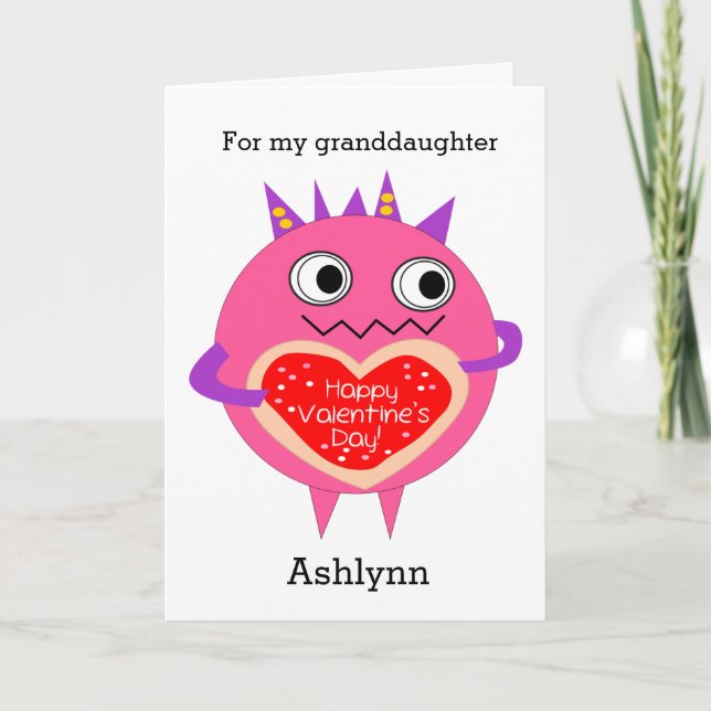 Pink Monster Happy Valentine's Day Granddaughter Holiday Card (Front)
