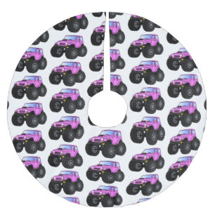 Pink monster truck cartoon illustration brushed polyester tree skirt