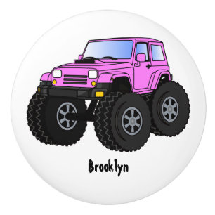 Pink monster truck cartoon illustration  ceramic knob