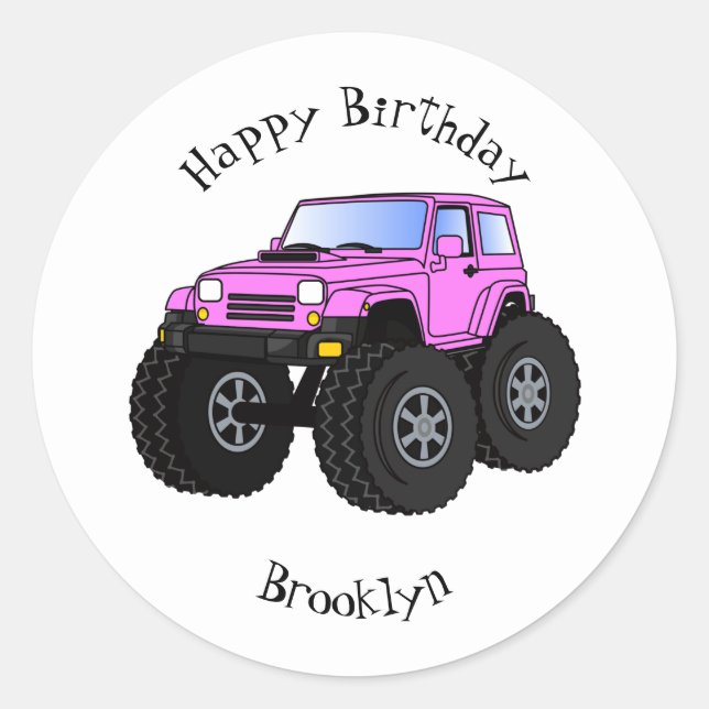 Pink monster truck cartoon illustration  classic round sticker (Front)