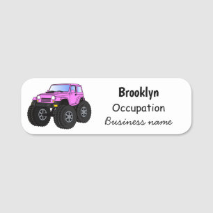 Pink monster truck cartoon illustration name tag
