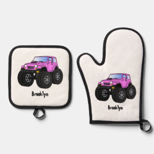 Pink monster truck cartoon illustration oven mitt & pot holder set