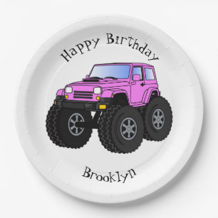 Pink monster truck cartoon illustration paper plate
