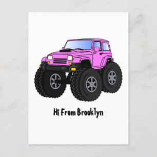 Pink monster truck cartoon illustration postcard