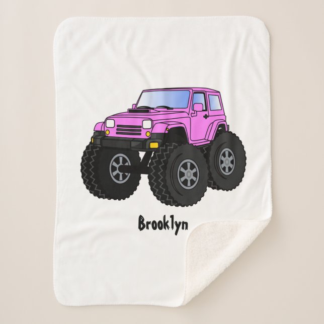 Pink monster truck cartoon illustration  sherpa blanket (Front)