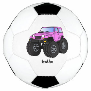 Pink monster truck cartoon illustration soccer ball