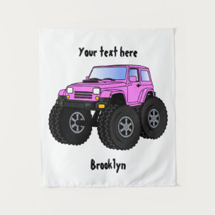 Pink monster truck cartoon illustration tapestry