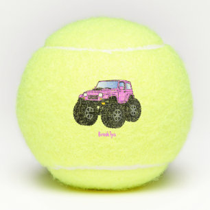 Pink monster truck cartoon illustration tennis balls