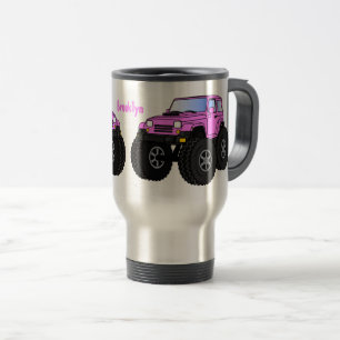 Pink monster truck cartoon illustration  travel mug