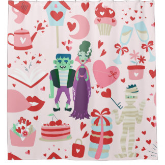 pink monster valentines bride frankenstein mummy shower curtain