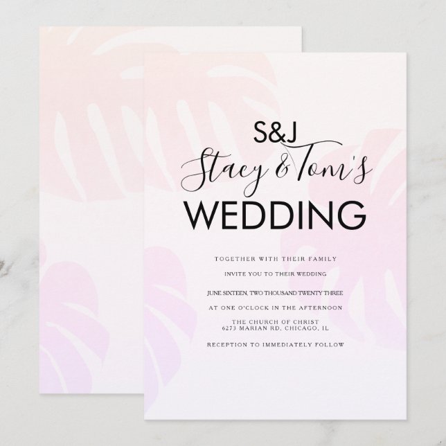 Pink Monstera Hand Drawn Botanical Wedding Invitation (Front/Back)