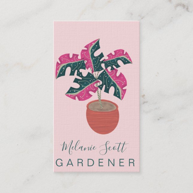 Pink Monstera Plant Hand Drawn Business Card (Front)