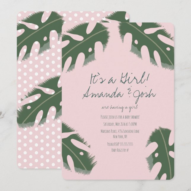 Pink Monstera Tropical Girls Greenery Baby Shower Invitation (Front/Back)