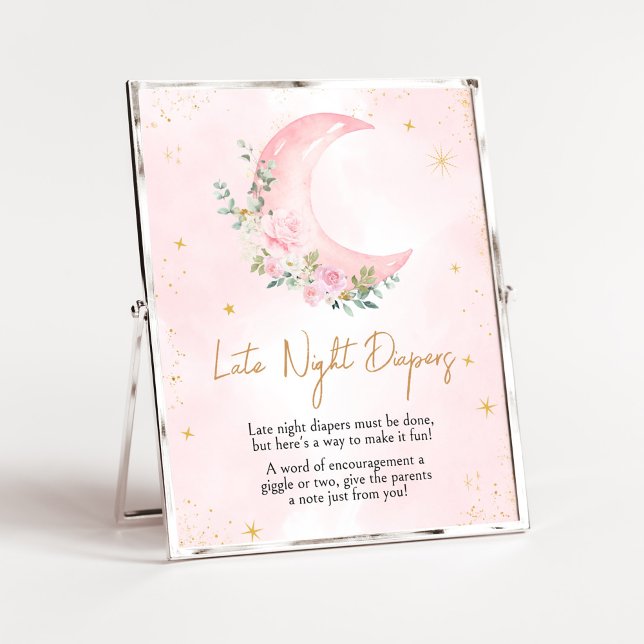 Pink Moon and Stars Baby Shower Late Night Diapers Poster (Twinkle Little Star Baby Shower Late Night Diapers Sign)