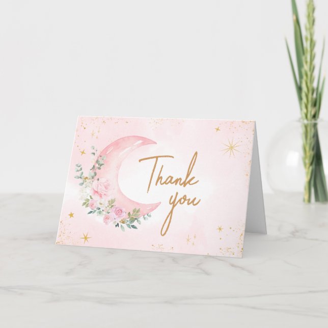 Pink Moon and Stars Baby Shower  Thank You Card (Front)