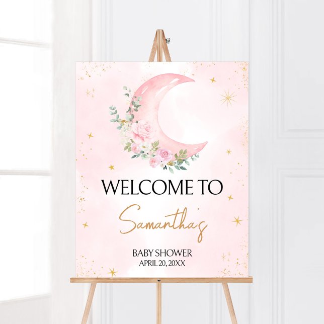 Pink Moon and Stars Baby Shower Welcome Poster (Twinkle Little Star Baby Shower Welcome Sign)