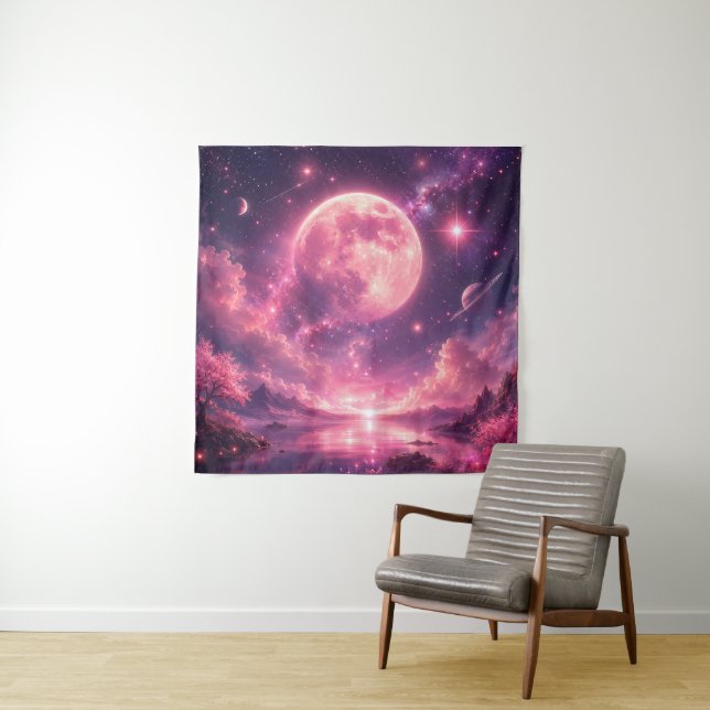 Pink Moon Cherry Blossom Fantasy Night Sky — Dream Tapestry (In Situ)
