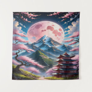 Pink Moon & Cherry Blossom Pagoda: Intricate Anime Tapestry