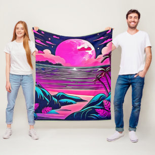 Pink Moon Neon Beachscape Fleece Blanket
