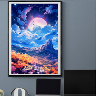 Pink moon night sky floral landscape Ai Poster